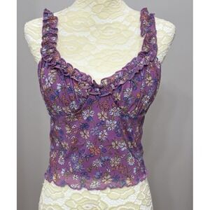 Babydoll Cami Top Womens Medium Coquette Sweetheart Purple Floral Crop Mesh
